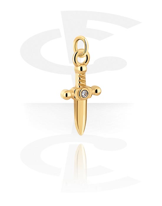 Kuličky, kolíčky a další, Přívěsek (pokovená mosaz, zlatá) s designem meč a krystalovým kamínkem, Pozlacená mosaz