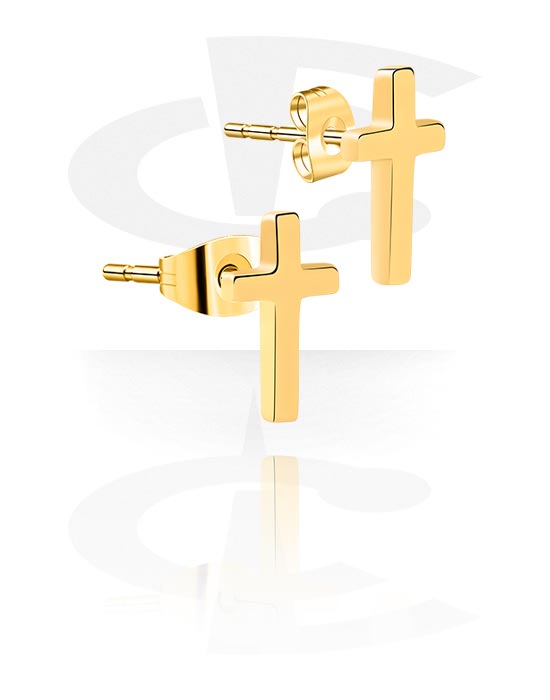 Brincos, Studs de orelha com design cruz, Aço cirúrgico 316L banhado a ouro
