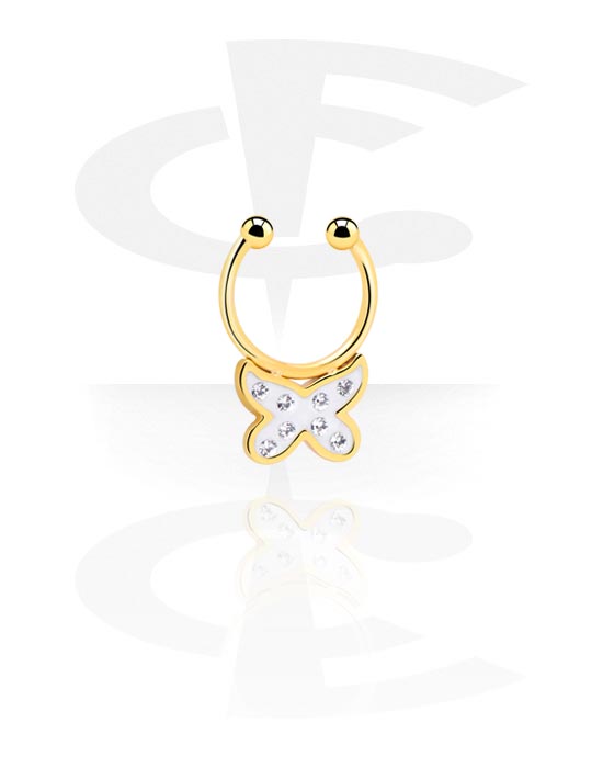 Fake Piercings, butterfly design and crystal stones, Gold Plated Surgical Steel 316L