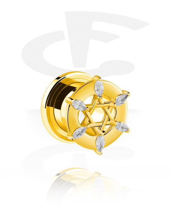 Tunnels & Plugs, Screw-on tunnel (surgical steel, gold, shiny finish) with crystal stones, Gold Plated Surgical Steel 316L