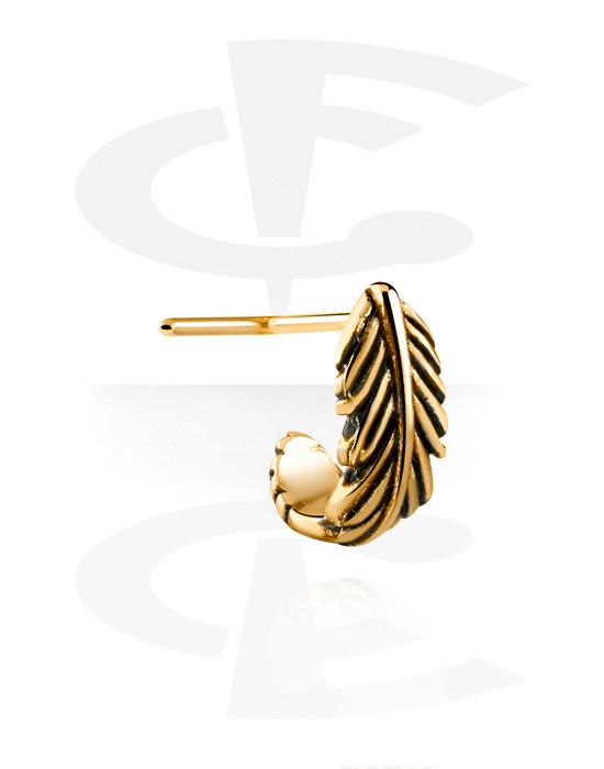 Nose Jewellery & Septums, L-shaped nose stud (surgical steel, gold, shiny finish) with feather attachment, Gold Plated Surgical Steel 316L