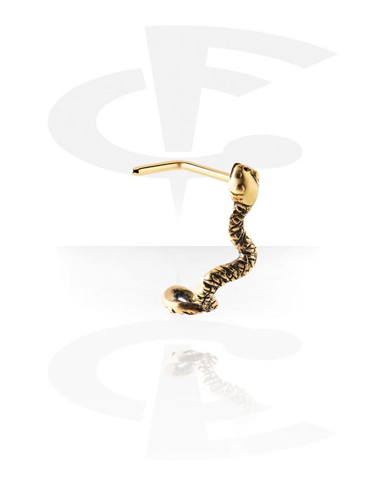 Nose Jewellery & Septums, L-shaped nose stud (surgical steel, gold, shiny finish) with snake design, Gold Plated Surgical Steel 316L
