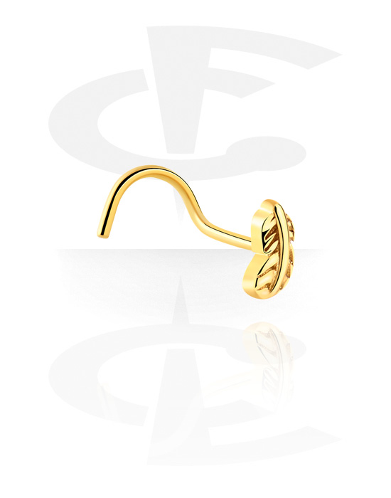 Nose Jewellery & Septums, Curved nose stud (surgical steel, gold, shiny finish) with feather design, Gold Plated Surgical Steel 316L