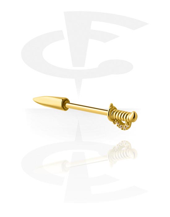 Piercings téton, Barre pour piercing téton avec motif épée et pierres en cristal, Acier chirugical 316L ,  Plaqué or