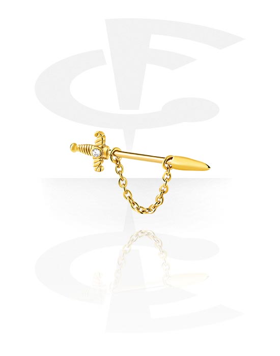 Nipple Piercings, Nipple Barbell with sword design and crystal stone, Gold Plated Surgical Steel 316L