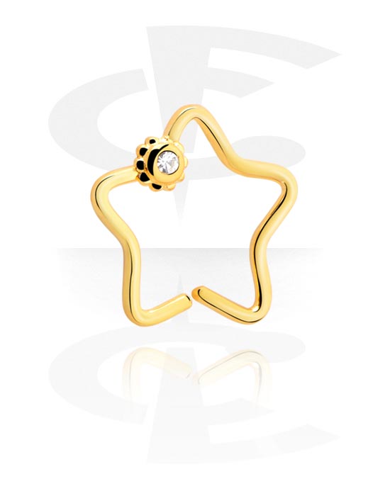 Alke za piercing, Neprekidni prsten u obliku zvijezde (kirurški čelik, zlatna, sjajna završna obrada) s kristalnim kamenom, Pozlaćeni kirurški čelik 316L