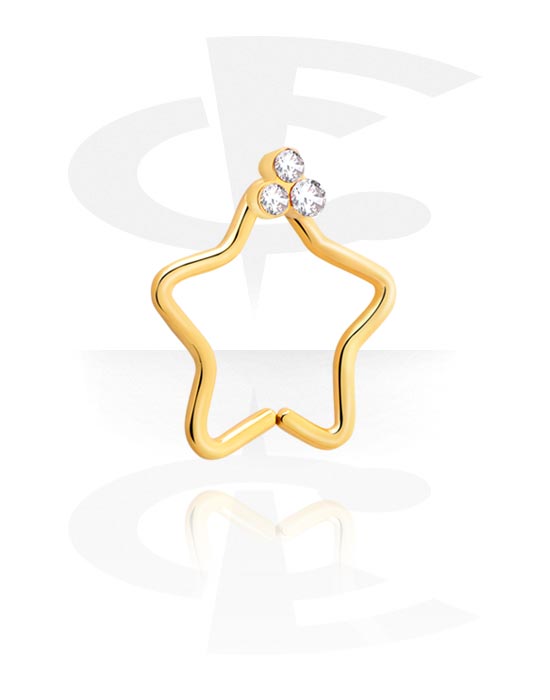 Alke za piercing, Neprekidni prsten u obliku zvijezde (kirurški čelik, zlatna, sjajna završna obrada) s kristalnim kamenjem, Pozlaćeni kirurški čelik 316L