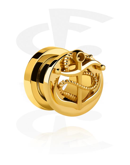Tunnels & Plugs, Screw-on tunnel (surgical steel, gold, shiny finish) with anchor design, Gold Plated Surgical Steel 316L