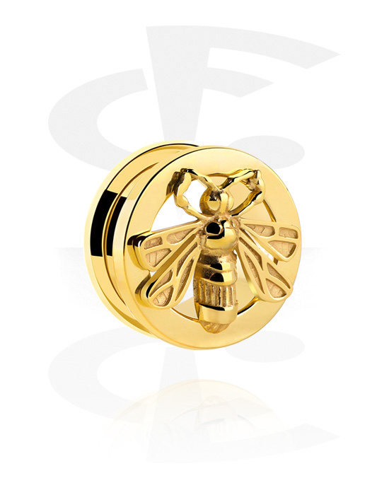 Tunnels & Plugs, Screw-on tunnel (surgical steel, gold, shiny finish) with bee design, Gold Plated Surgical Steel 316L