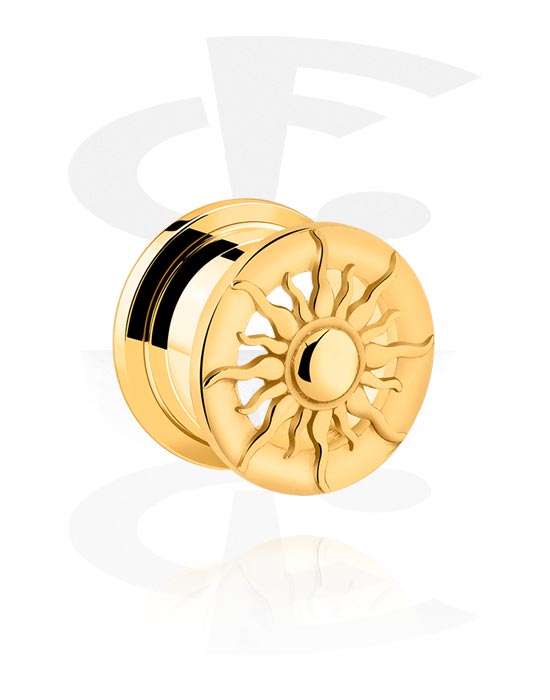 Tunnels & Plugs, Screw-on tunnel (surgical steel, gold, shiny finish) with sun design, Gold Plated Surgical Steel 316L