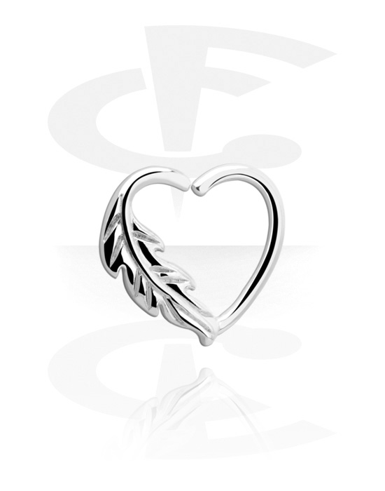 Piercing ad anello, Continuous ring a cuore (acciaio chirurgico, argento, finitura lucida) con design foglia, Acciaio chirurgico 316L