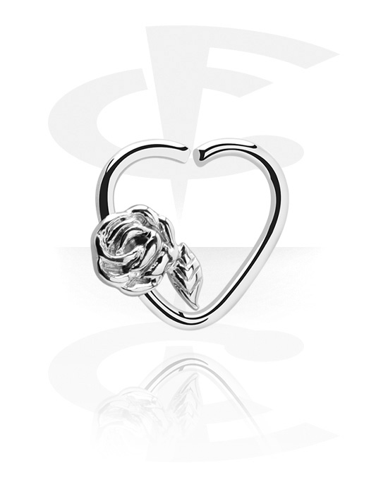 Kółka do piercingu, Kółko rozginane w kształcie serca (stal chirurgiczna, srebro, błyszczące wykończenie) z wzorem róży, Stal chirurgiczna 316L