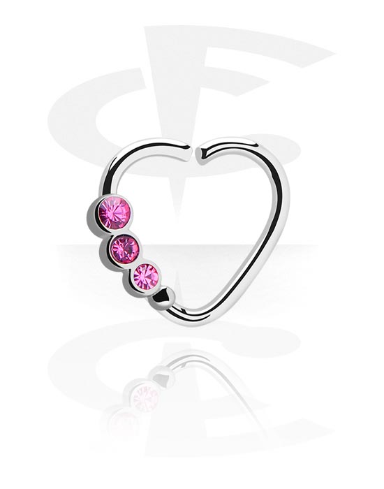 Anéis piercing, Continuous ring em forma de coração (aço cirúrgico, prata, acabamento brilhante) com pedras de cristal, Aço cirúrgico 316L