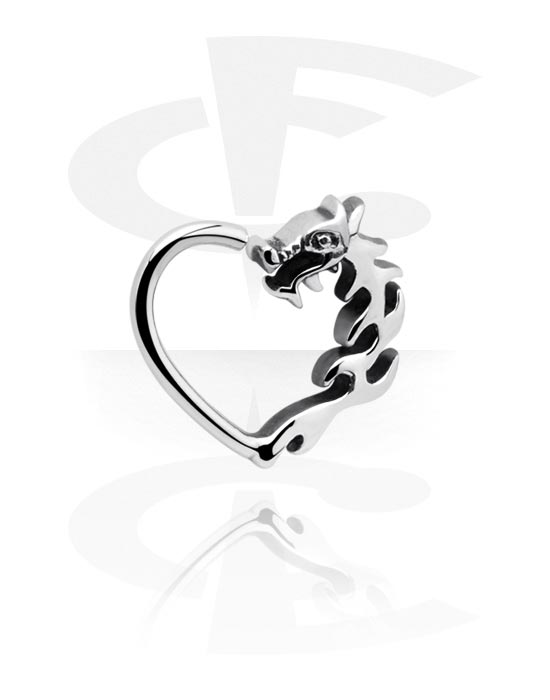 Piercing ad anello, Continuous ring a cuore (acciaio chirurgico, argento, finitura lucida) con design drago, Acciaio chirurgico 316L