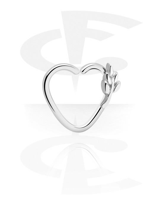 Piercing ad anello, Continuous ring a cuore (acciaio chirurgico, argento, finitura lucida) con design foglia, Acciaio chirurgico 316L