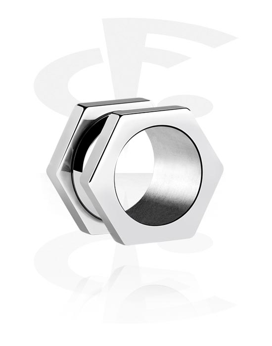 Alagutak és dugók, Hexagon-shaped screw-on tunnel (surgical steel, silver, shiny finish), Sebészeti acél, 316L