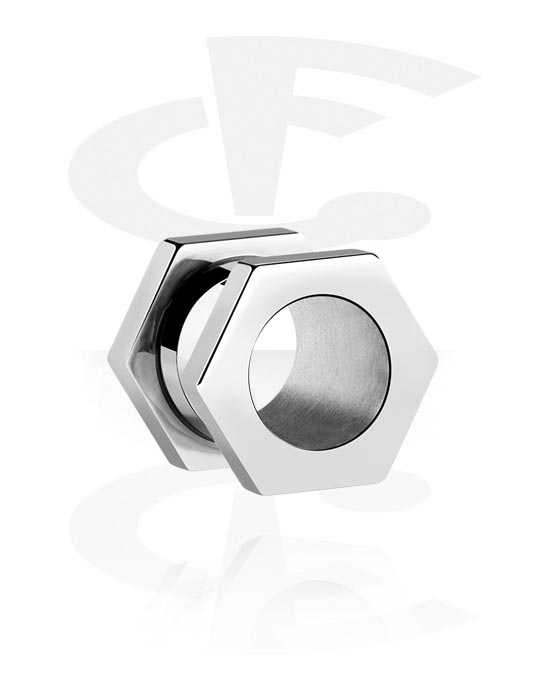 Tunnlar & Pluggar, Hexagon-shaped screw-on tunnel (surgical steel, silver, shiny finish), Kirurgiskt stål 316L