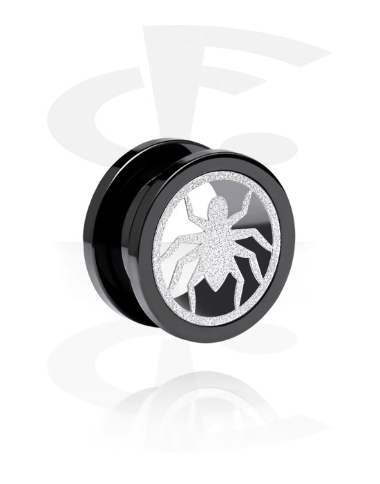 Tunnels & Plugs, Screw-on tunnel (surgical steel, black, shiny finish) with spider design, Surgical Steel 316L