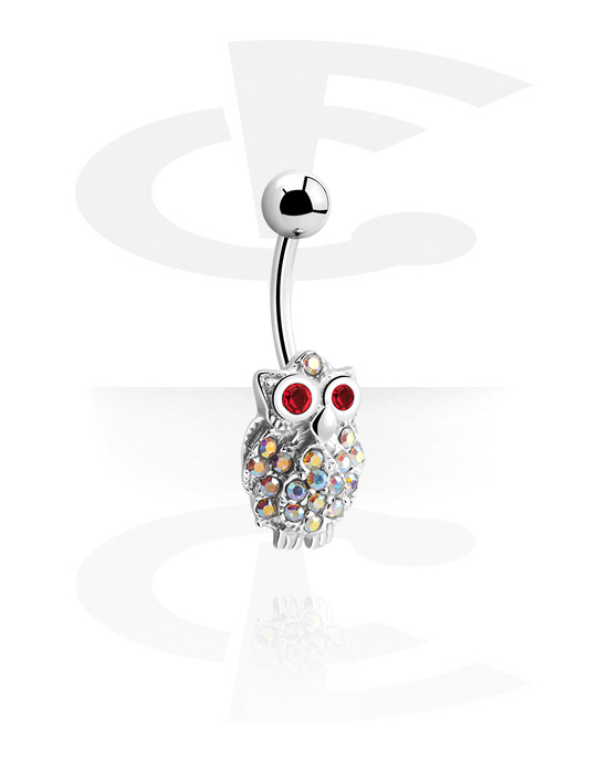 Curved Barbells, Belly button ring (surgical steel, silver, shiny finish) with owl design and crystal stones, Surgical Steel 316L
