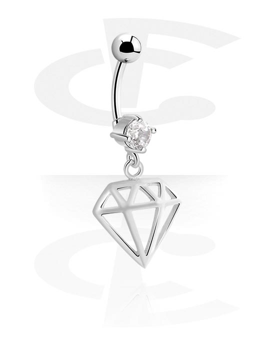 Buede stave, Navlering (kirurgisk stål, sølv, blank finish) med Diamantformet charm og Krystalsten, Kirurgisk stål 316L