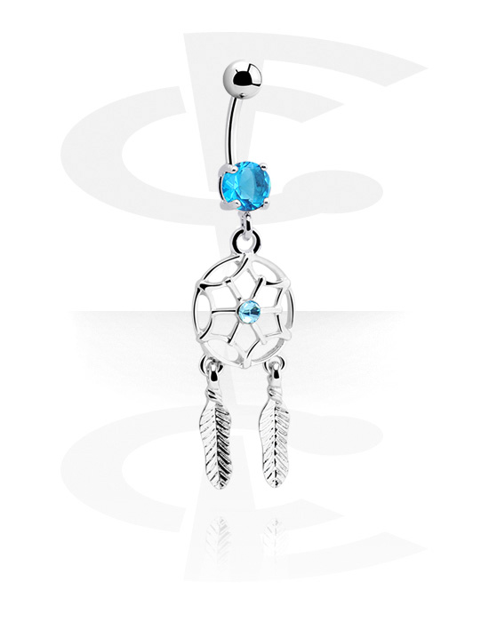 Curved Barbells, Belly button ring (surgical steel, silver, shiny finish) with dreamcatcher charm and crystal stones, Surgical Steel 316L