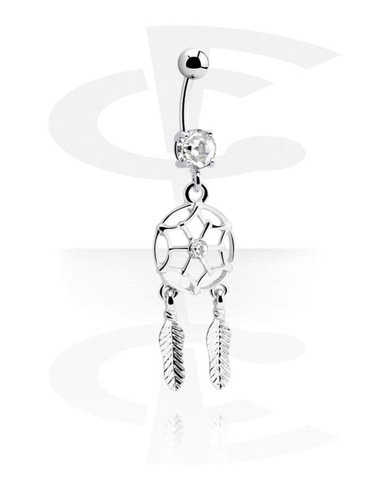Buede stave, Navlering (kirurgisk stål, sølv, blank finish) med drømmefanger-charm og krystaller, Kirurgisk stål 316L