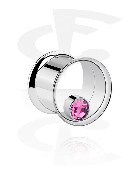 Tunnels & Plugs, Double flared tunnel (surgical steel, silver, shiny finish) with crystal stone, Surgical Steel 316L