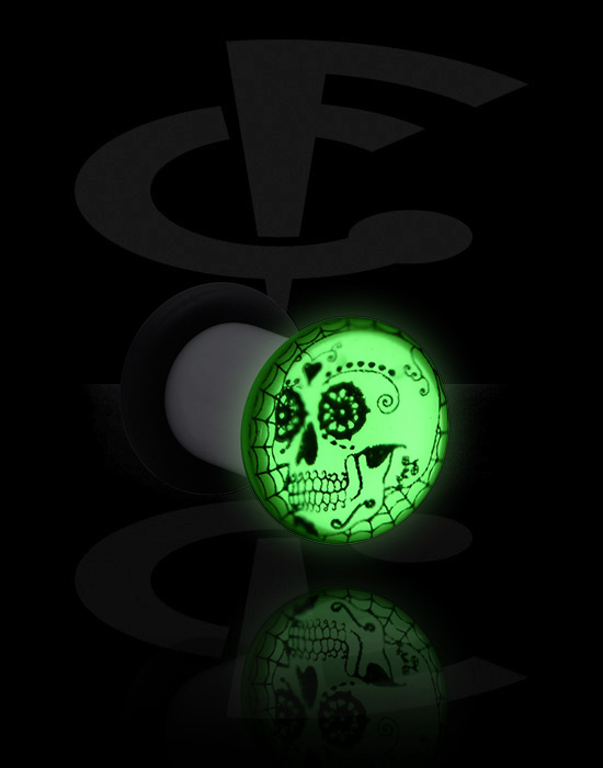 Tunely & plugy, Plug s rozšíreným koncom „Žiariace v tme“ (akryl) s dizajnom čiernobiela cukrová lebka „Dia de Los Muertos“, Akryl