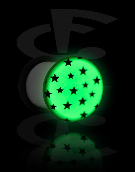 Tunely & plugy, Plug s rozšířeným koncem „Zářící ve tmě“ (akryl) s designem hvězda a O-kroužkem, Akryl