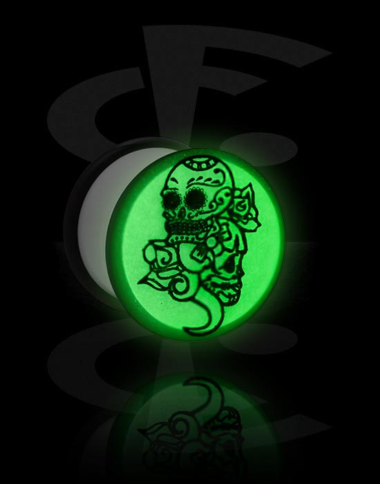 Tunnels & Plugs, "Glow in the dark" single flared plug (acrylic, white) with skull design and O-ring, Acrylic