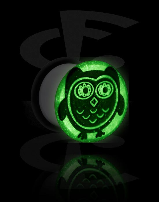 Tunnels & Plugs, "Glow in the dark" single flared plug (acrylic) with owl design and O-ring, Acrylic