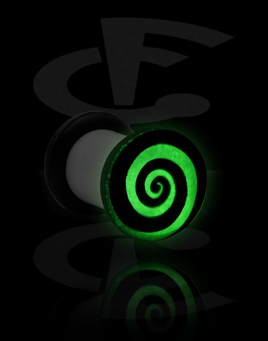 Tunneler & plugger, "Glow in the dark" single flared plug (acrylic, white) med spiraldesign og O-ring, Akryl