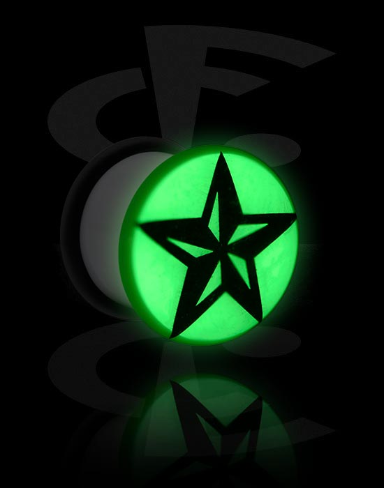 Tunely & plugy, "Glow in the dark" single flared plug (acrylic, white) s designem hvězda a O-kroužkem, Akryl