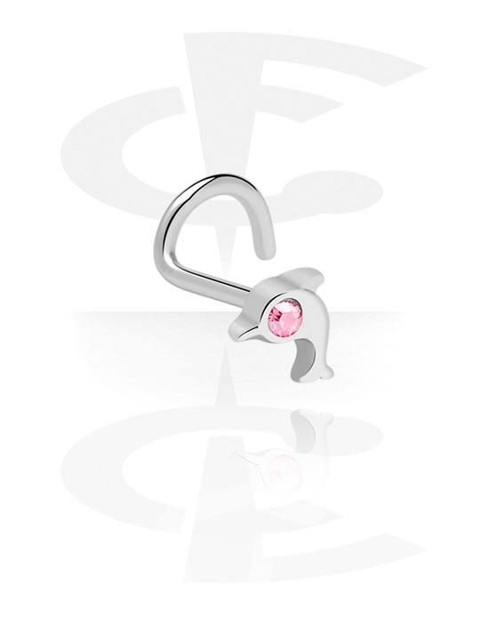 Nosovky a kroužky do nosu, Zahnutá nosovka (chirurgická ocel, stříbrná, lesklý povrch) s designem delfín a krystalovým kamínkem, Chirurgická ocel 316L