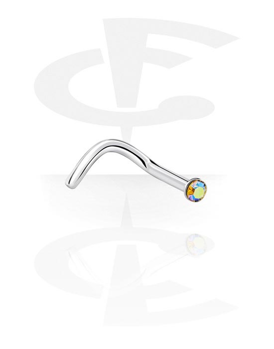 Nose Jewellery & Septums, Curved nose stud (surgical steel, silver, shiny finish) with crystal stone, Surgical Steel 316L