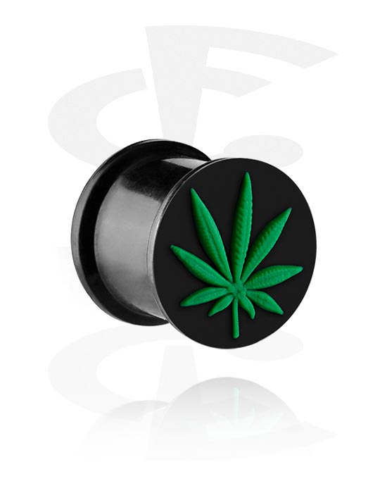 Tunnlar & Pluggar, Ribbed plug (silicone, black) med Marijuana leaf, Silikon