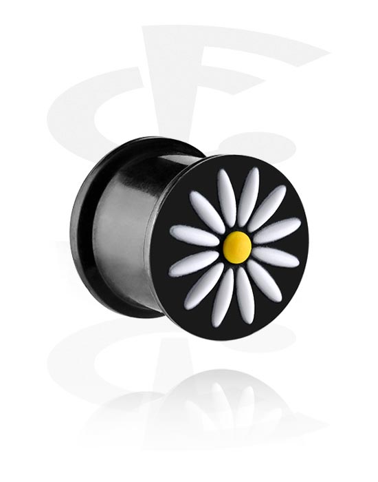 Tunnels & Plugs, Ribbed plug (silicone, black) with flower design, Silicone