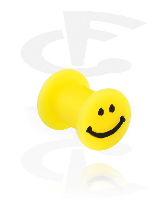 Tunnels & Plugs, Double flared plug (Siliconen, geel) met smiley-motief, Siliconen