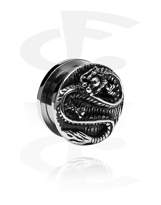 Tunnels & Plugs, Screw-on tunnel (surgical steel, silver, shiny finish) with dragon design, Surgical Steel 316L