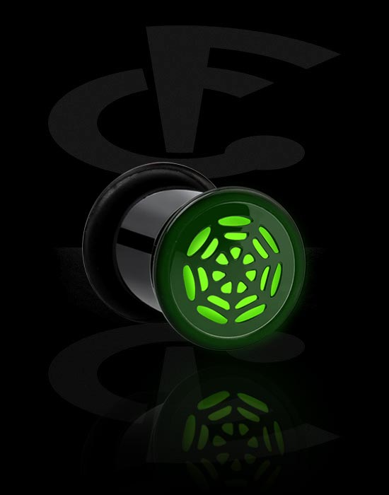 Tunnels & Plugs, "Glow in the dark" single flared plug (acrylic) with spiderweb attachment, Acrylic, Surgical Steel 316L