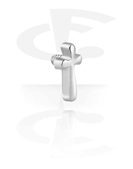 Kugler, stave m.m., Vedhæng til 1,2 mm stav med indvendigt gevind (kirurgisk stål, sølv, blank finish) med motiv med kors, Kirurgisk stål 316L