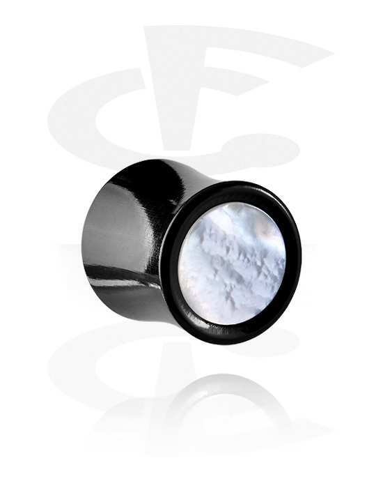 Tunnels & Plugs, Double flared plug (horn, black) with imitation mother of pearl inlay, Horn