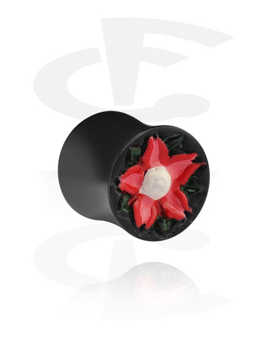 Tunnels & Plugs, Double flared plug (horn, black) with flower design, Horn
