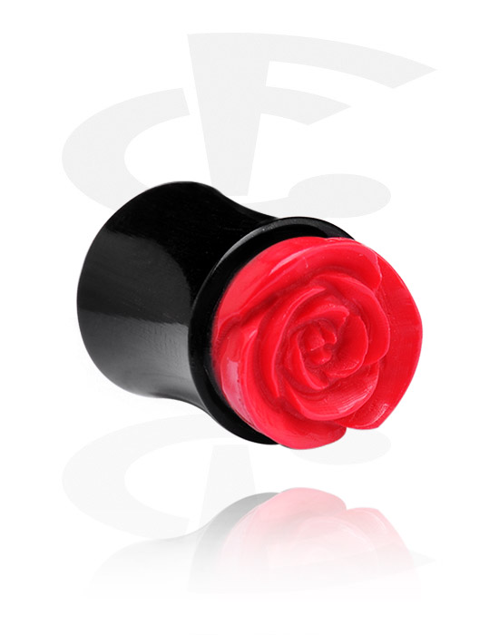 Tunnel & Plug, Double flared plug (corno, nero) con accessorio con rose, Corno