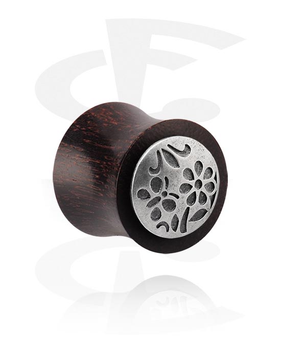 Tunnel & Plug, Double flared plug ( legno) con intarsio in acciaio "fiore", Legno di tamarindo