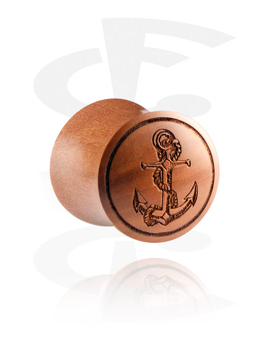 Tunnels & Plugs, Double flared plug (wood) with laser engraving "anchor", Cherry Wood