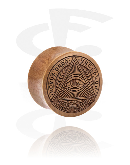 Tunnels & Plugs, Double flared plug (wood) with laser engraving "Eye of Providence", Cherry Wood
