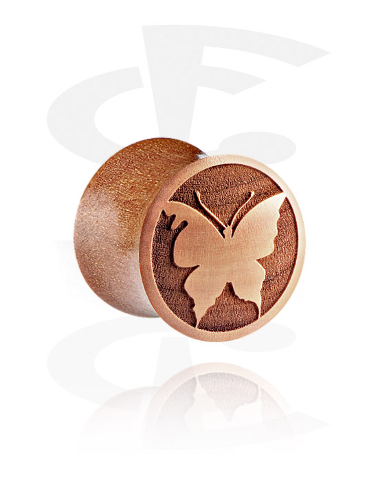 Tunnels & Plugs, Double flared plug (wood) with laser engraving "butterfly", Cherry Wood