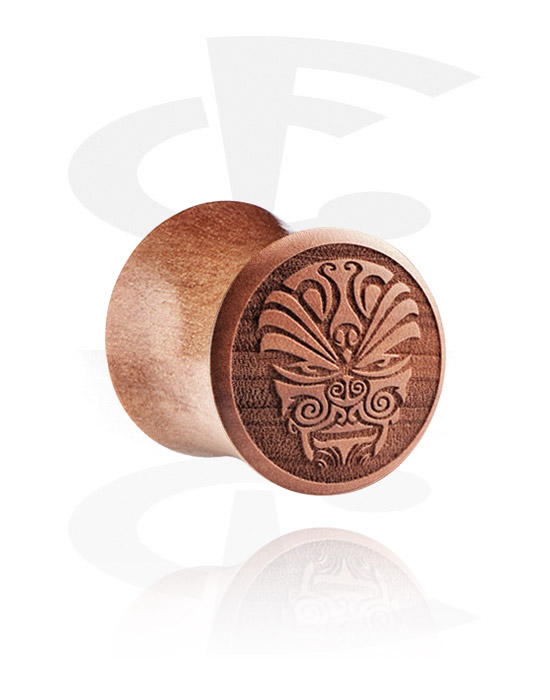 Tunnels & Plugs, Double flared plug (wood) with laser engraving "mask", Cherry Wood