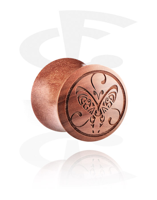Tunnels & Plugs, Double flared plug (wood) with laser engraving "butterfly", Cherry Wood